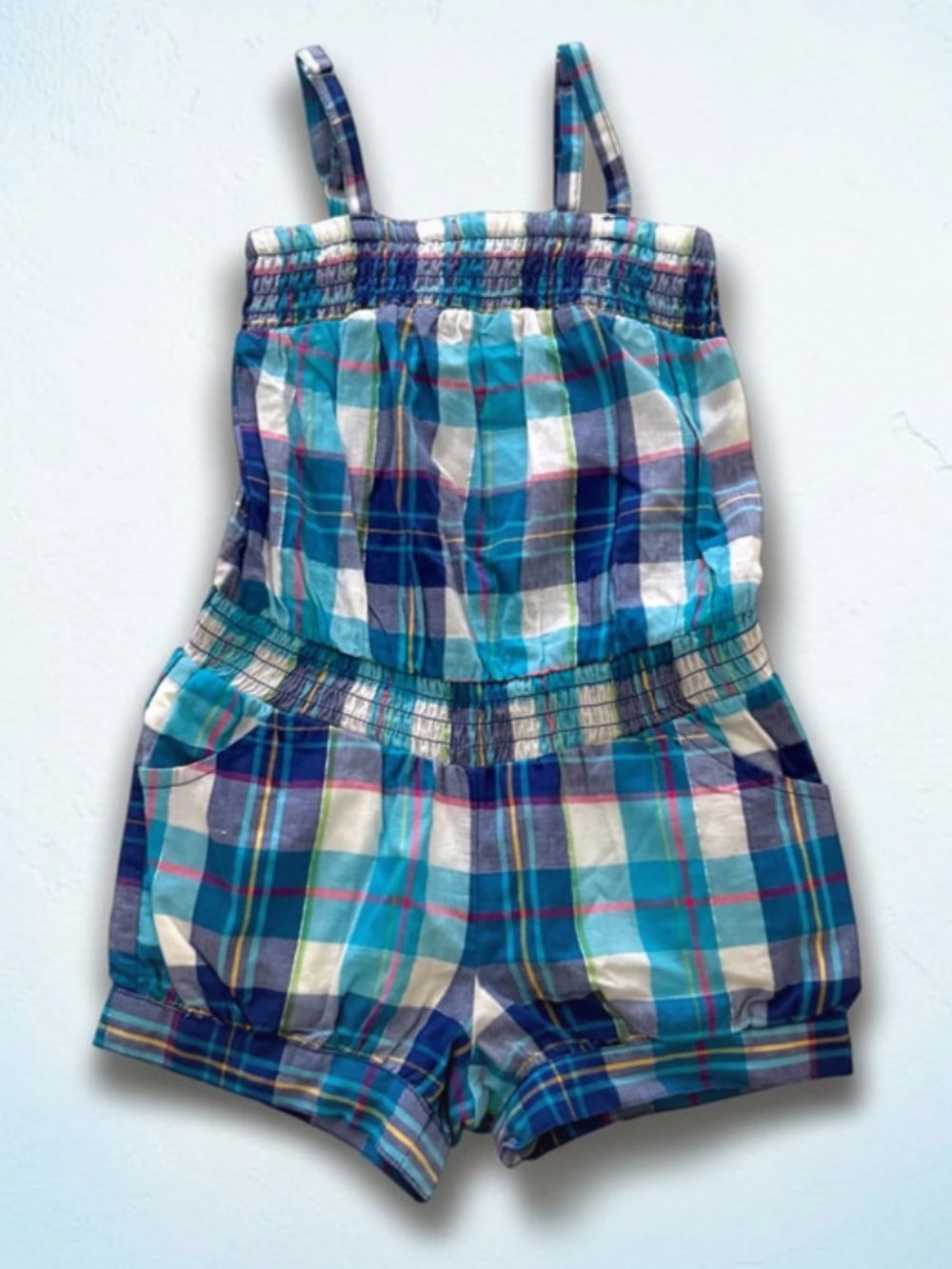 The Children’s Place Girl’s Plaid Summer Romper in Blue & White, Size: 4